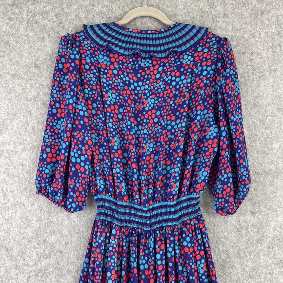 Vintage 80s Susan Freis Dress Womens Large Polka Dot Ruffle Smocked Pleated USA - Picture 12 of 16